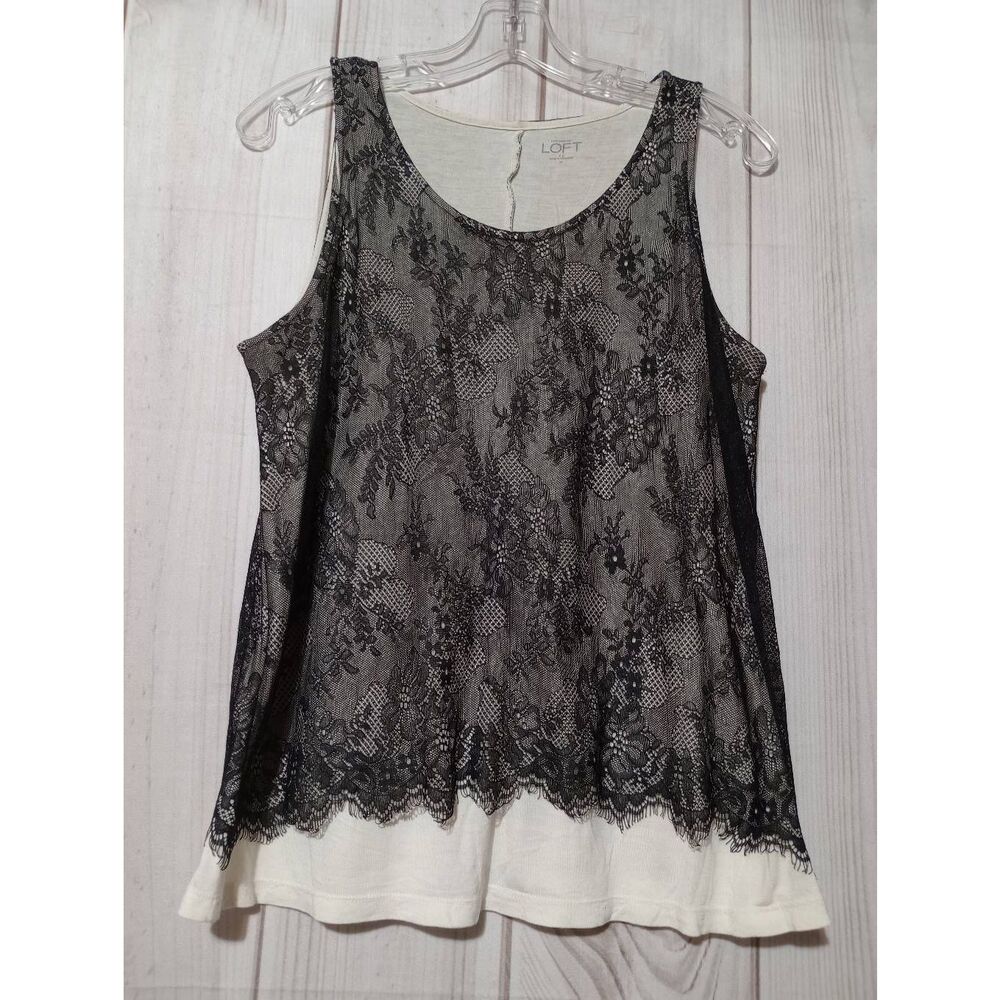 Loft Shirt Ladies Medium Ivory‎ Black Lace Tank